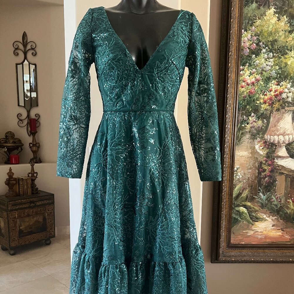 MAC DUGGAL EMBROIDERED FLORAL SEQUIN LACE FOREST GREEN MIDI DRESS  sz 2